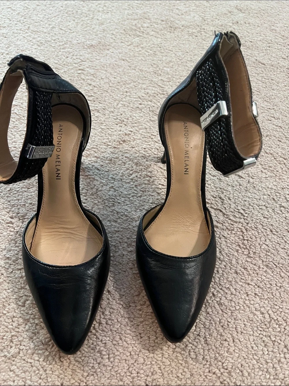 ANTONIO MELANI Black Pointed-Toe Ankle-Strap Pumps with Woven Detail